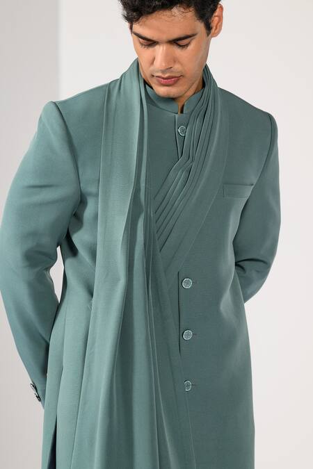 Kalpana Naik_Green Crepe Aqua Fade Drape Achkan And Trouser Set _at_Aza_Fashions