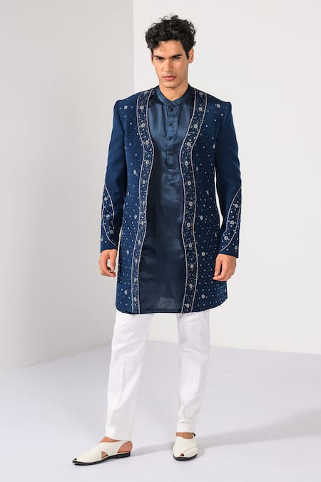 Kalpana Naik Teal Blossom Hand Embroidered Achkan Set 