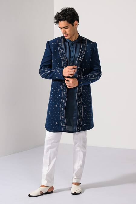 Kalpana Naik Teal Linen, Satin, Cotton Embroidery, Beads Blossom Hand Achkan Set Online at Aza Fashions Kalpana Naik_Teal Linen, Satin, Cotton Embroidery, Beads Blossom Hand Achkan Set _Online_at_Aza_Fashions