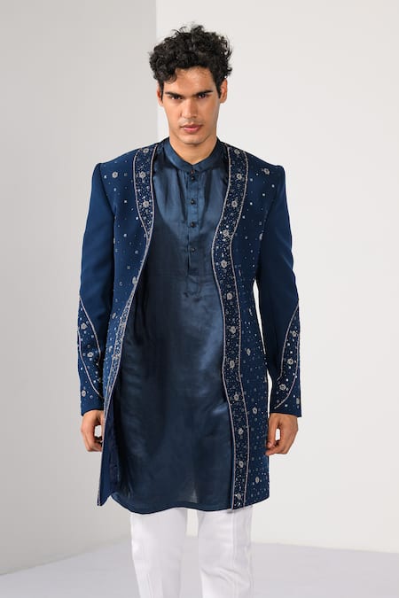 Buy Kalpana Naik Teal Linen, Satin, Cotton Embroidery, Beads Blossom Hand Achkan Set Online at Aza Fashions Buy_Kalpana Naik_Teal Linen, Satin, Cotton Embroidery, Beads Blossom Hand Achkan Set _Online_at_Aza_Fashions