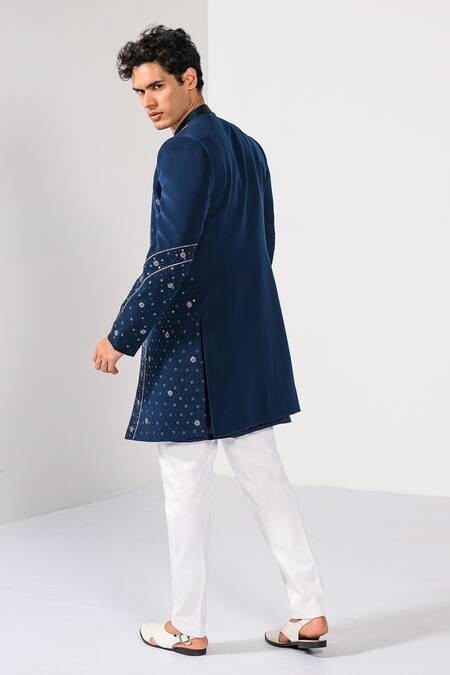 Shop Kalpana Naik Teal Linen, Satin, Cotton Embroidery, Beads Blossom Hand Achkan Set Online at Aza Fashions Shop_Kalpana Naik_Teal Linen, Satin, Cotton Embroidery, Beads Blossom Hand Achkan Set _Online_at_Aza_Fashions