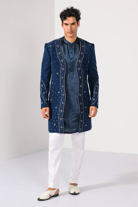 Kalpana Naik Teal Linen, Satin, Cotton Embroidery, Beads Blossom Hand Achkan Set at Aza Fashions Kalpana Naik_Teal Linen, Satin, Cotton Embroidery, Beads Blossom Hand Achkan Set _at_Aza_Fashions