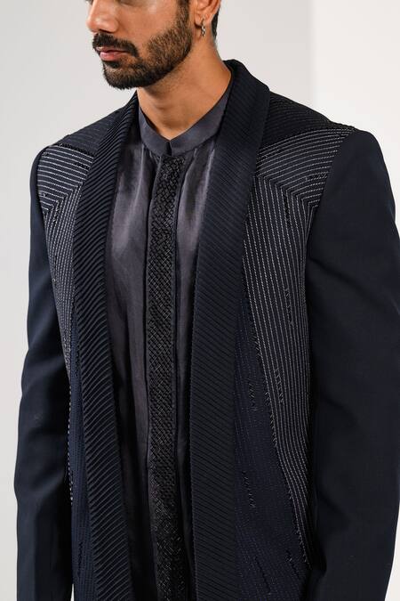 Kalpana Naik Navy Linen, Satin Piping, Zari, Embroidery Midnight Symmetry Achkan Kurta Set Online at Aza Fashions Kalpana Naik_Navy Linen, Satin Piping, Zari, Embroidery Midnight Symmetry Achkan Kurta Set _Online_at_Aza_Fashions