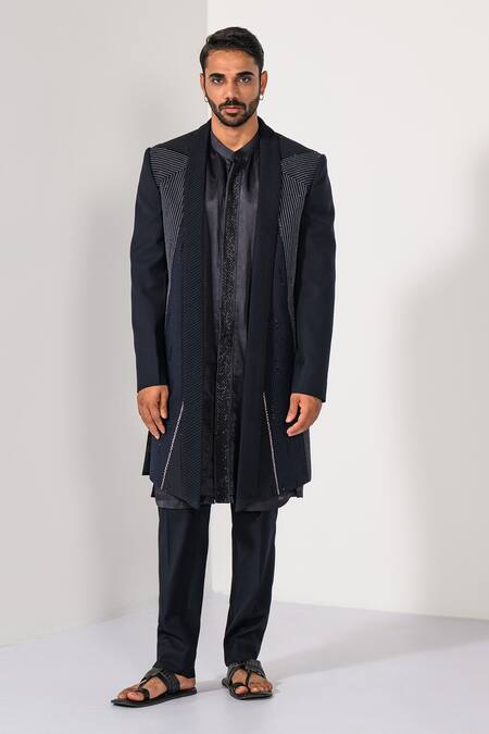 Shop Kalpana Naik Navy Linen, Satin Piping, Zari, Embroidery Midnight Symmetry Achkan Kurta Set Online at Aza Fashions Shop_Kalpana Naik_Navy Linen, Satin Piping, Zari, Embroidery Midnight Symmetry Achkan Kurta Set _Online_at_Aza_Fashions