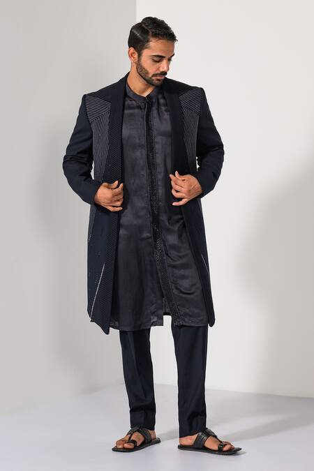 Kalpana Naik Navy Linen, Satin Piping, Zari, Embroidery Midnight Symmetry Achkan Kurta Set at Aza Fashions Kalpana Naik_Navy Linen, Satin Piping, Zari, Embroidery Midnight Symmetry Achkan Kurta Set _at_Aza_Fashions