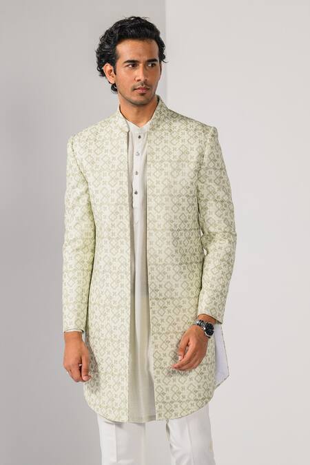 Kalpana Naik Green Terrycloth Embroidery Sage Mist Geometric Pattern Achkan Kurta Set Online at Aza Fashions Kalpana Naik_Green Terrycloth Embroidery Sage Mist Geometric Pattern Achkan Kurta Set _Online_at_Aza_Fashions