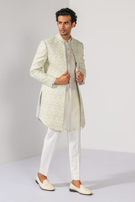 Kalpana Naik Sage Mist Geometric Pattern Achkan Kurta Set 