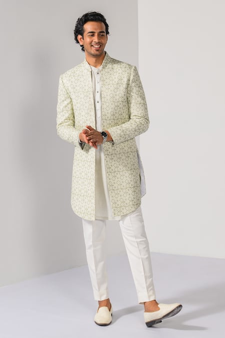 Kalpana Naik Sage Mist Geometric Pattern Achkan Kurta Set 