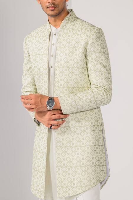 Shop Kalpana Naik Green Terrycloth Embroidery Sage Mist Geometric Pattern Achkan Kurta Set Online at Aza Fashions Shop_Kalpana Naik_Green Terrycloth Embroidery Sage Mist Geometric Pattern Achkan Kurta Set _Online_at_Aza_Fashions