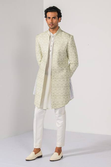 Kalpana Naik Green Terrycloth Embroidery Sage Mist Geometric Pattern Achkan Kurta Set at Aza Fashions Kalpana Naik_Green Terrycloth Embroidery Sage Mist Geometric Pattern Achkan Kurta Set _at_Aza_Fashions