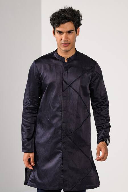 Kalpana Naik_Navy Beads, Embroidery Twilight Shimmer Cutdana Hand Achkan Kurta Set _Online_at_Aza_Fashions