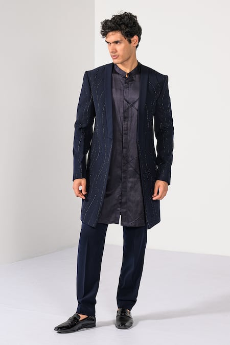 Buy_Kalpana Naik_Navy Beads, Embroidery Twilight Shimmer Cutdana Hand Achkan Kurta Set _Online_at_Aza_Fashions