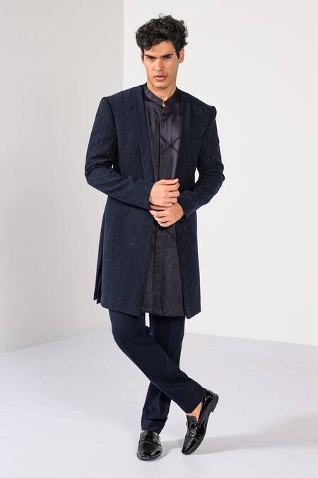 Shop_Kalpana Naik_Navy Beads, Embroidery Twilight Shimmer Cutdana Hand Achkan Kurta Set _Online_at_Aza_Fashions