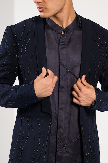 Kalpana Naik_Navy Beads, Embroidery Twilight Shimmer Cutdana Hand Achkan Kurta Set _at_Aza_Fashions