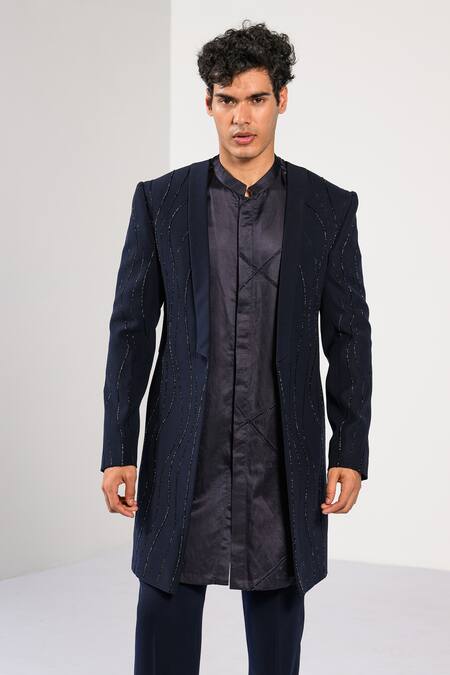 Buy_Kalpana Naik_Navy Beads, Embroidery Twilight Shimmer Cutdana Hand Achkan Kurta Set 