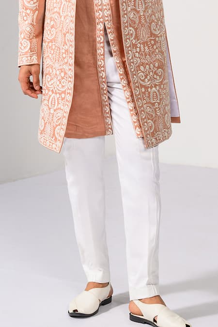 Kalpana Naik_Peach Linen, Satin Embroidery Majestic Weaves Achkan Set _Online_at_Aza_Fashions
