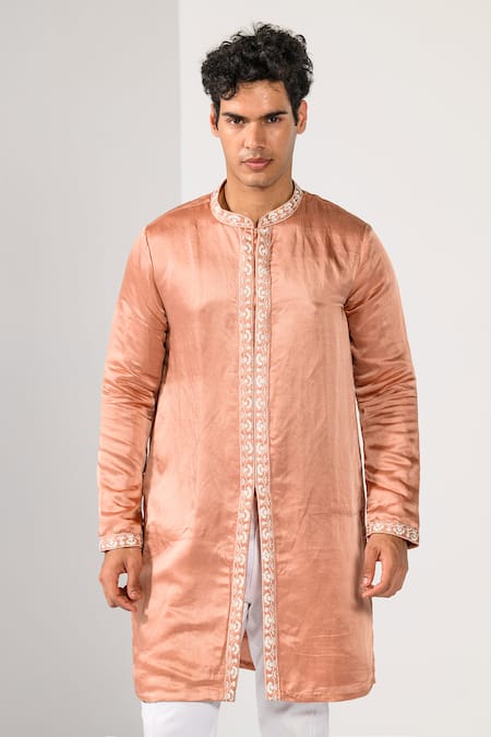 Buy_Kalpana Naik_Peach Linen, Satin Embroidery Majestic Weaves Achkan Set _Online_at_Aza_Fashions