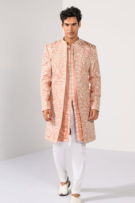 Kalpana Naik_Peach Linen, Satin Embroidery Majestic Weaves Achkan Set _at_Aza_Fashions