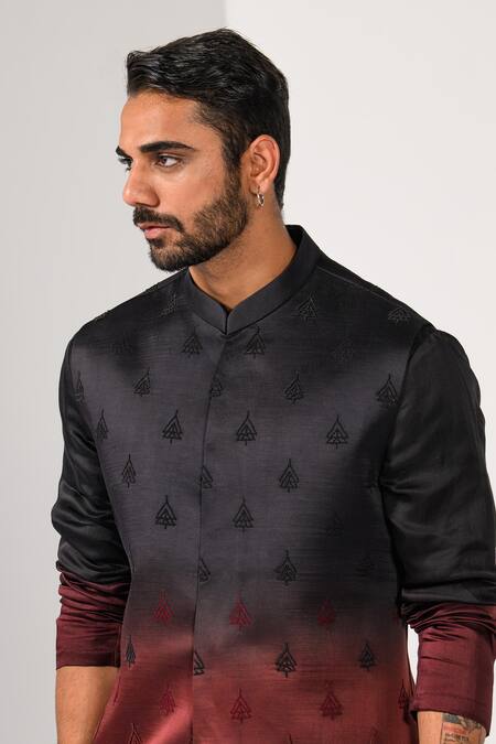 Buy_Kalpana Naik_Black Linen, Satin Embroidery Wine Hand Nehru Jacket Kurta Set _Online_at_Aza_Fashions