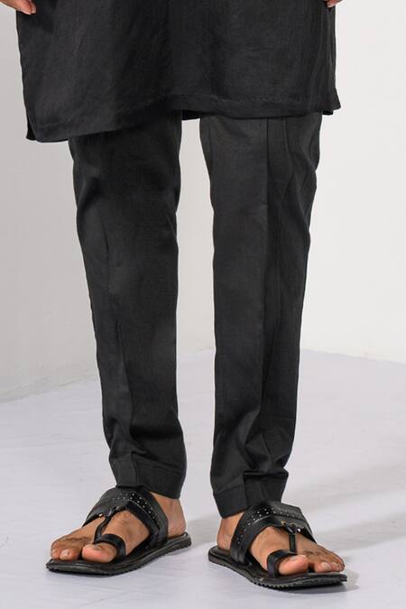 Kalpana Naik_Black Linen, Satin Embroidery Wine Hand Nehru Jacket Kurta Set _at_Aza_Fashions