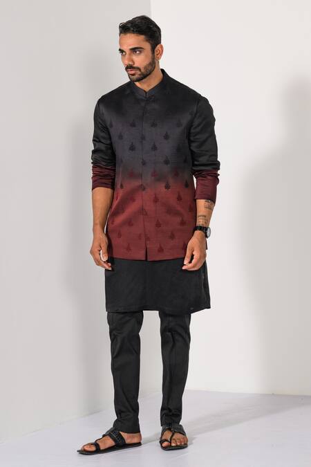 Buy_Kalpana Naik_Black Linen, Satin Embroidery Wine Hand Nehru Jacket Kurta Set 