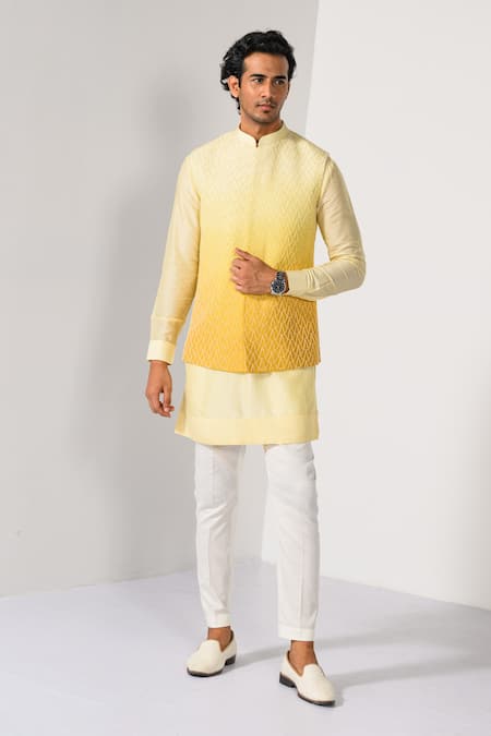 Kalpana Naik Yellow Cascade Ombre Zardozi Nehru Jacket & Kurta Set 