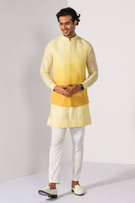 Buy_Kalpana Naik_Yellow Bemberg, Silk, Cotton Cascade Ombre Zardozi Nehru Jacket And Kurta Set _Online_at_Aza_Fashions