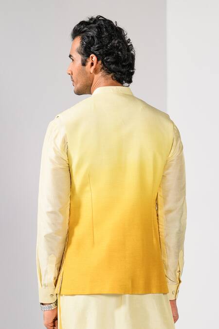 Kalpana Naik_Yellow Bemberg, Silk, Cotton Cascade Ombre Zardozi Nehru Jacket And Kurta Set _at_Aza_Fashions