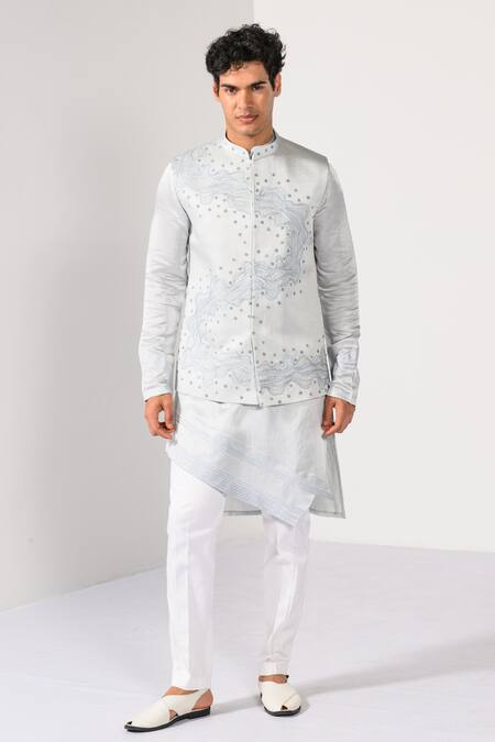 Shop Kalpana Naik Sky Blue Bemberg, Silk, Cotton Icy Waves Hand Nehru Jacket Kurta Set Online at Aza Fashions Shop_Kalpana Naik_Sky Blue Bemberg, Silk, Cotton Icy Waves Hand Nehru Jacket Kurta Set _Online_at_Aza_Fashions