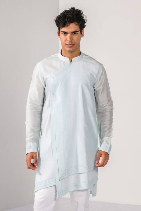 Kalpana Naik_Sky Blue Satin, Bemberg, Silk Embroidery, Stones Sunrise Peaks Nehru Kurta Set _Online_at_Aza_Fashions