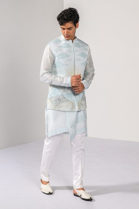 Buy_Kalpana Naik_Sky Blue Satin, Bemberg, Silk Embroidery, Stones Sunrise Peaks Nehru Kurta Set _Online_at_Aza_Fashions