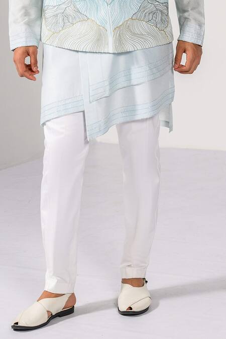 Shop_Kalpana Naik_Sky Blue Satin, Bemberg, Silk Embroidery, Stones Sunrise Peaks Nehru Kurta Set _Online_at_Aza_Fashions