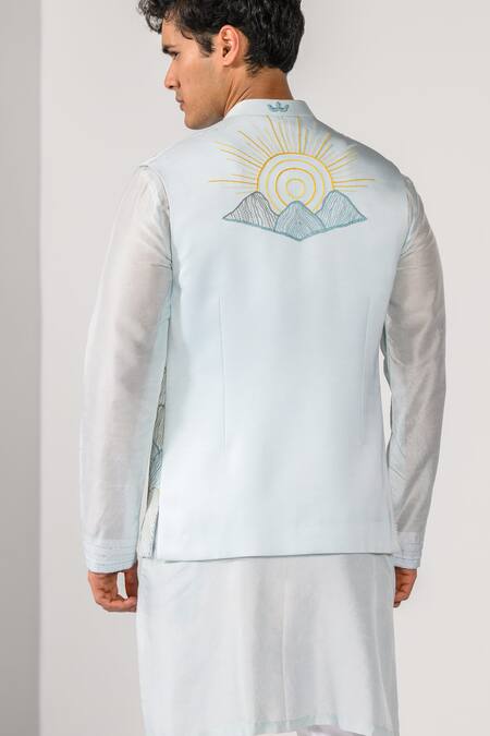 Kalpana Naik_Sky Blue Satin, Bemberg, Silk Embroidery, Stones Sunrise Peaks Nehru Kurta Set _at_Aza_Fashions