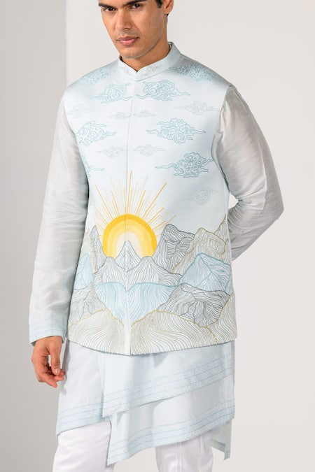 Buy_Kalpana Naik_Sky Blue Satin, Bemberg, Silk Embroidery, Stones Sunrise Peaks Nehru Kurta Set 