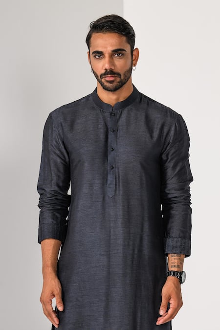 Kalpana Naik_Charcoal Bemberg, Silk, Cotton Embroidery Ombre Hand Nehru Jacket Kurta Set _Online_at_Aza_Fashions