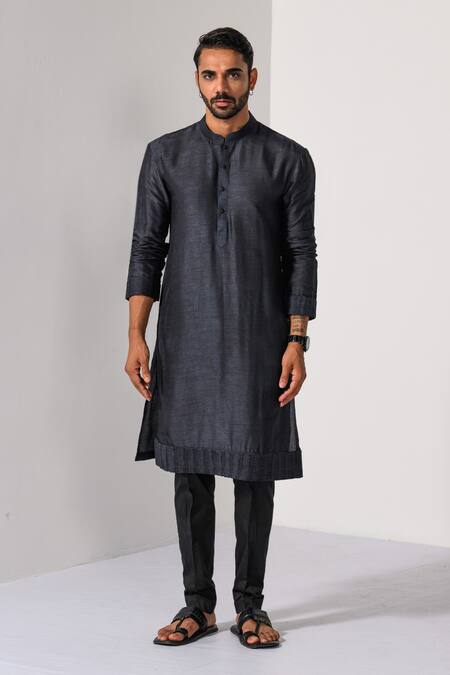 Buy_Kalpana Naik_Charcoal Bemberg, Silk, Cotton Embroidery Ombre Hand Nehru Jacket Kurta Set _Online_at_Aza_Fashions