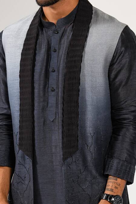 Kalpana Naik_Charcoal Bemberg, Silk, Cotton Embroidery Ombre Hand Nehru Jacket Kurta Set _at_Aza_Fashions