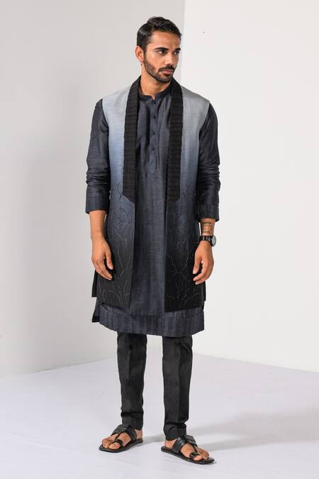 Buy_Kalpana Naik_Charcoal Bemberg, Silk, Cotton Embroidery Ombre Hand Nehru Jacket Kurta Set 