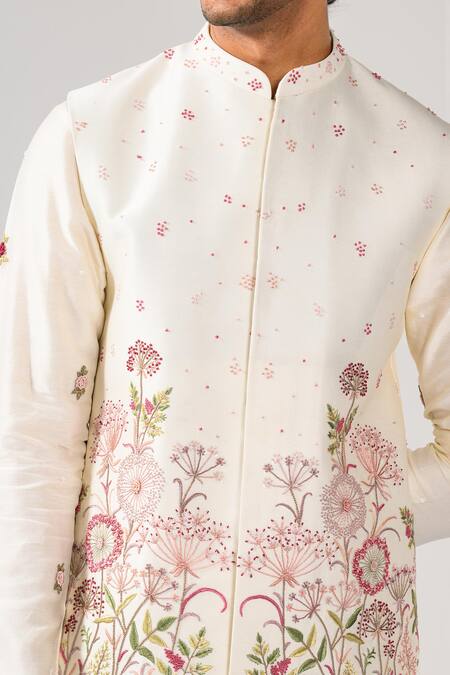 Shop_Kalpana Naik_Ivory Chanderi Silk, Cotton Embroidery Floral Finesse Nehru Kurta Set _Online_at_Aza_Fashions