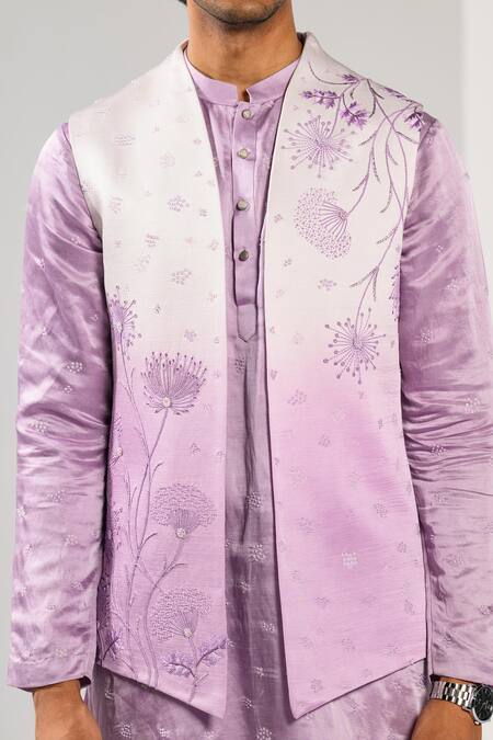 Buy_Kalpana Naik_Lilac Linen, Satin, Bemberg, Silk, Cotton Ombre Floral Nehru Kurta Set _Online_at_Aza_Fashions