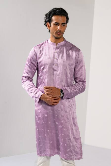 Kalpana Naik_Lilac Linen, Satin, Bemberg, Silk, Cotton Ombre Floral Nehru Kurta Set _at_Aza_Fashions