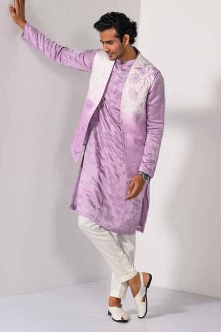 Buy_Kalpana Naik_Lilac Linen, Satin, Bemberg, Silk, Cotton Ombre Floral Nehru Kurta Set 