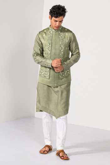Buy Kalpana Naik Olive Green Satin, Bemberg, Silk, Heritage Floral Zardozi Nehru Jacket Kurta Set Online at Aza Fashions Buy_Kalpana Naik_Olive Green Satin, Bemberg, Silk, Heritage Floral Zardozi Nehru Jacket Kurta Set _Online_at_Aza_Fashions