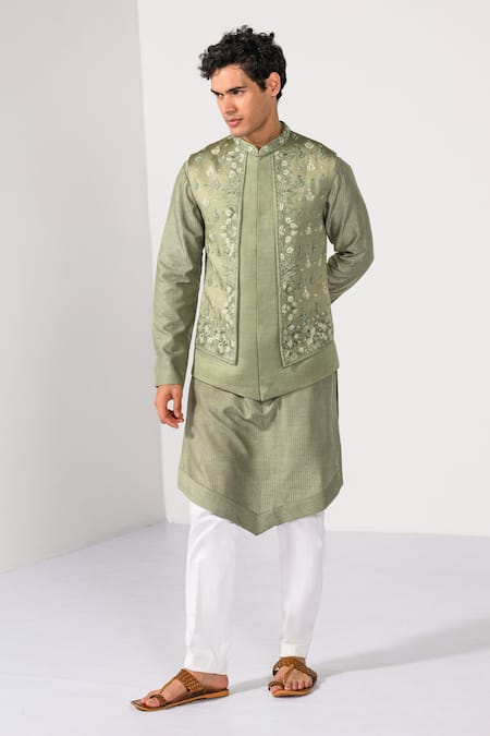 Kalpana Naik Olive Heritage Floral Zardozi Nehru Jacket Kurta Set 
