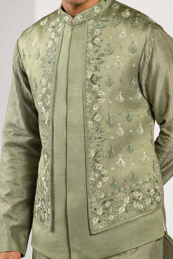 Buy Kalpana Naik Olive Green Satin, Bemberg, Silk, Heritage Floral Zardozi Nehru Jacket Kurta Set Buy_Kalpana Naik_Olive Green Satin, Bemberg, Silk, Heritage Floral Zardozi Nehru Jacket Kurta Set