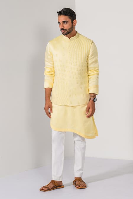 Shop Kalpana Naik Yellow Linen, Satin, Cotton Embroidery Radiant Sunburst Nehru Jacket Kurta Set Online at Aza Fashions Shop_Kalpana Naik_Yellow Linen, Satin, Cotton Embroidery Radiant Sunburst Nehru Jacket Kurta Set _Online_at_Aza_Fashions