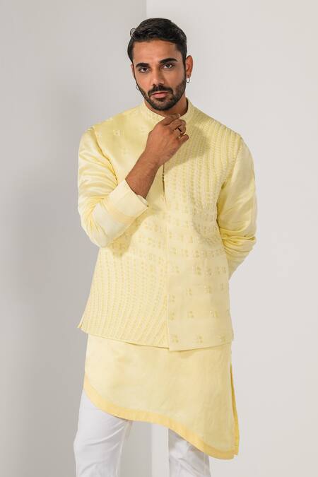 Buy Kalpana Naik Yellow Linen, Satin, Cotton Embroidery Radiant Sunburst Nehru Jacket Kurta Set Buy_Kalpana Naik_Yellow Linen, Satin, Cotton Embroidery Radiant Sunburst Nehru Jacket Kurta Set