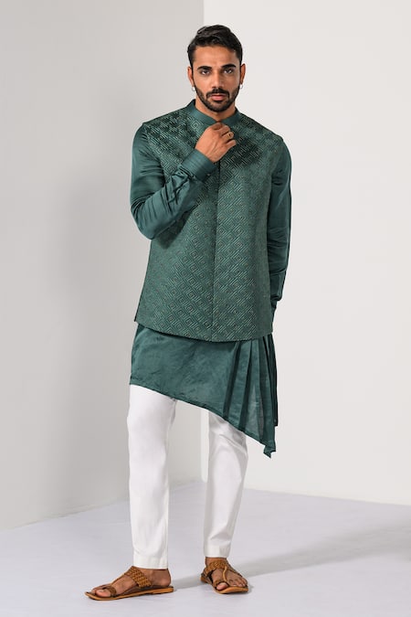 Kalpana Naik Jade Pattern Geometric Thread & Cutdana Nehru Jacket Set 