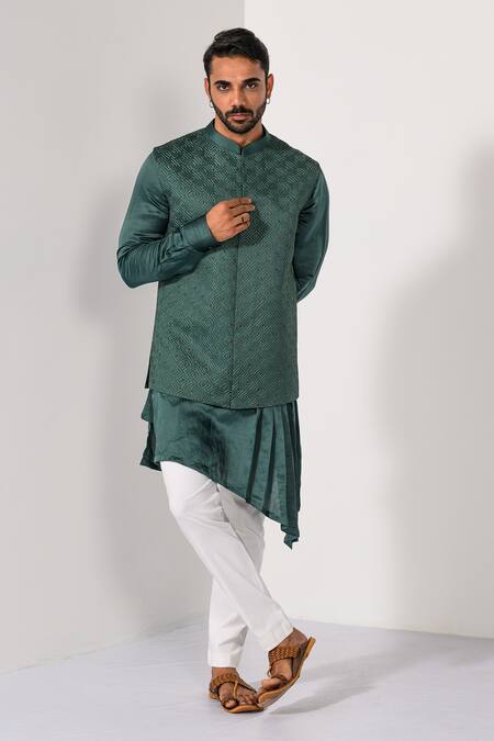 Kalpana Naik Green Satin, Linen, Jade Pattern Geometric Thread And Cutdana Nehru Jacket Set at Aza Fashions Kalpana Naik_Green Satin, Linen, Jade Pattern Geometric Thread And Cutdana Nehru Jacket Set _at_Aza_Fashions