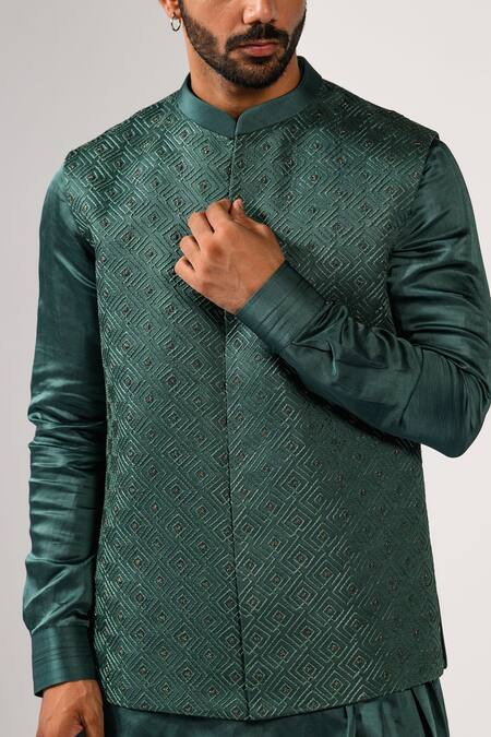 Buy Kalpana Naik Green Satin, Linen, Jade Pattern Geometric Thread And Cutdana Nehru Jacket Set Buy_Kalpana Naik_Green Satin, Linen, Jade Pattern Geometric Thread And Cutdana Nehru Jacket Set